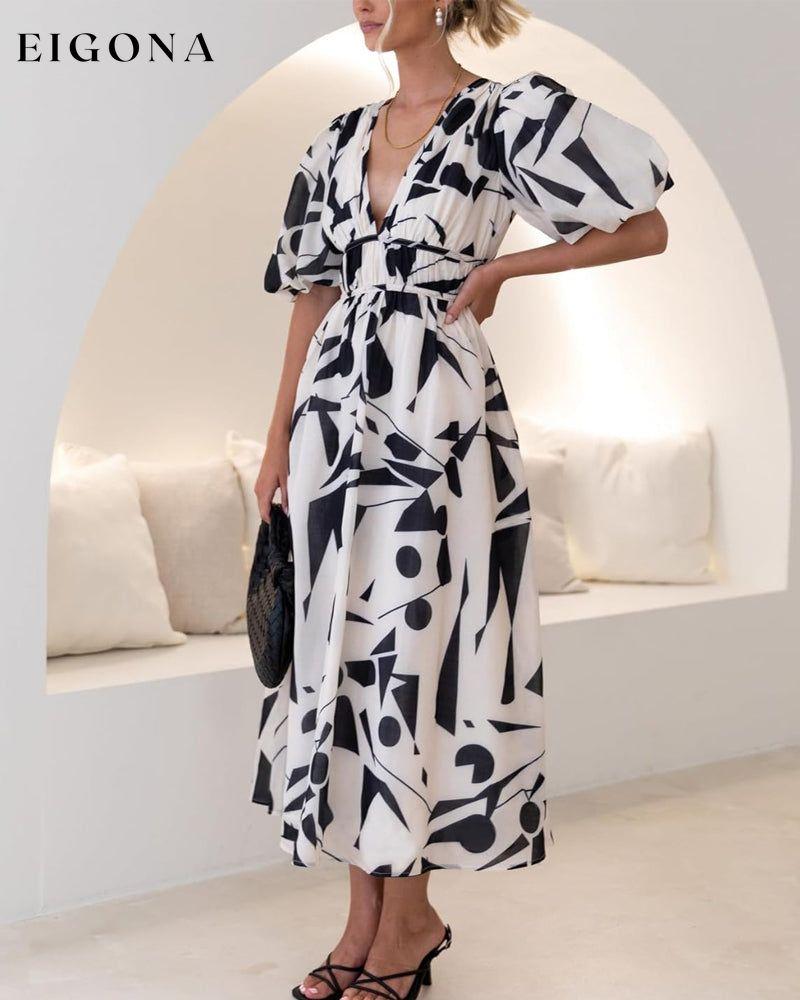 Geometric print puff sleeve V-neck elegant dress casual dresses spring summer
