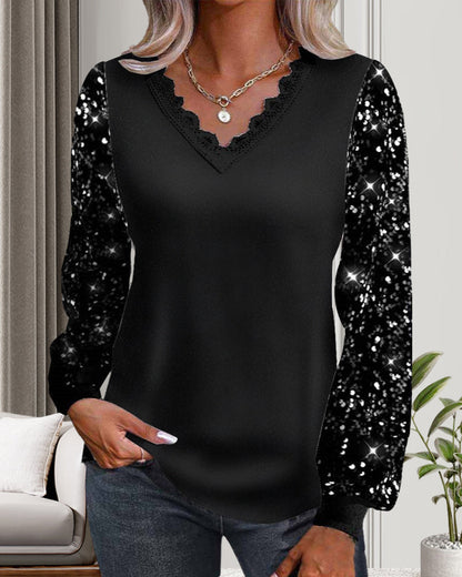 Casual solid color sequin V-neck top 2024 f/w blouses & shirts