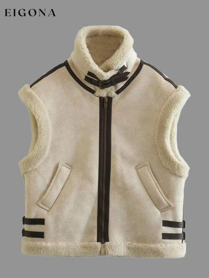 Contrast Zip Up Fleece Vest Beige clothes K&BZ Ship From Overseas