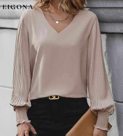 Pleated Lantern Sleeve V-Neck Long Sleeve Blouse Mocha clothes Hundredth long sleeve long sleeve shirt long sleeve shirts long sleeve top Ship From Overseas shirt shirts