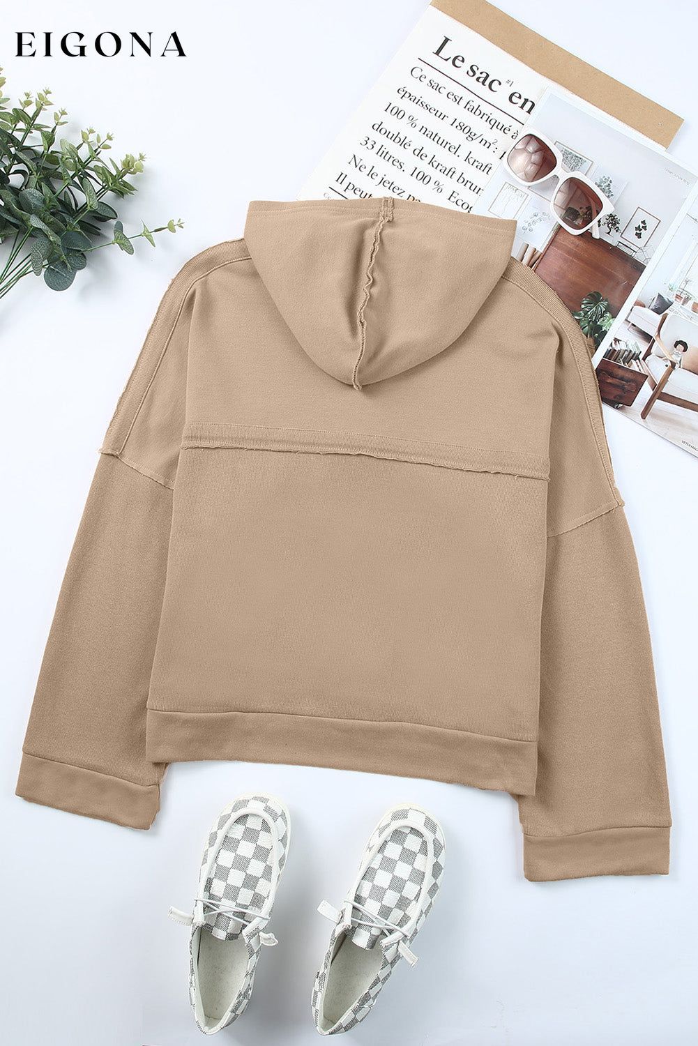 Casual Button Solid Patchwork Trim Hoodie All In Stock clothes Color Khaki Craft Patchwork long sleeve shirts long sleeve top Occasion Daily Print Solid Color Season Fall & Autumn Style Casual Sweater sweaters Sweatshirt