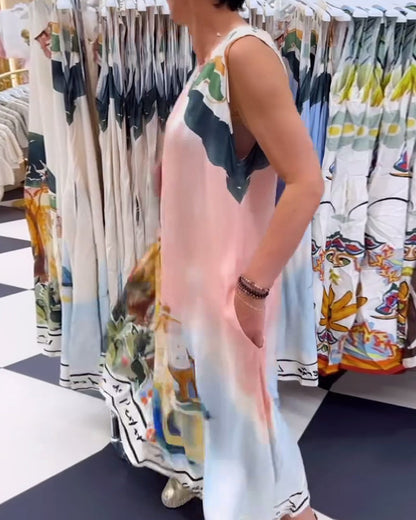 Ärmelloses, lockeres Kleid mit Landschaftsmalerei
