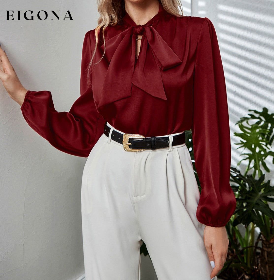 Tie Neck Long Puff Sleeve Blouse Wine clothes Ship From Overseas Shipping Delay 09/29/2023 - 10/03/2023 trend Z@Q