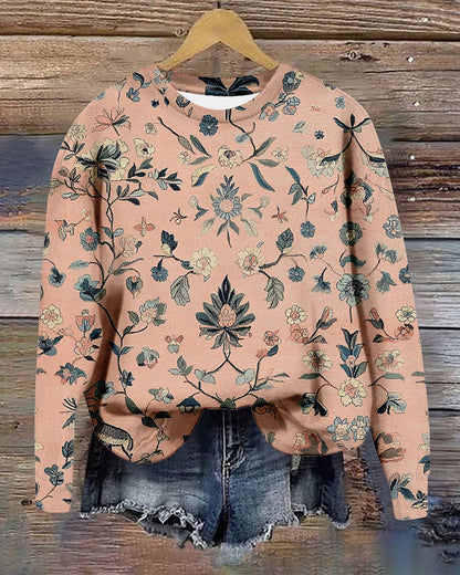 Retro floral print casual crew neck sweatshirt 2024 f/w sweatshirts Vintage style