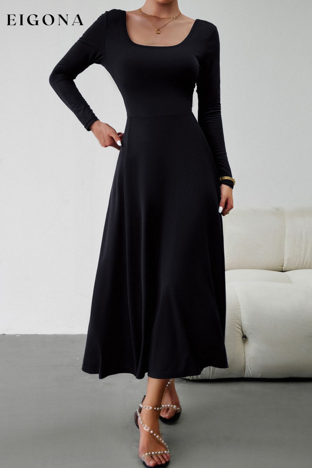 Scoop Neck Long Sleeve Lace-Up Maxi Dress Black clothes dress dresses DY long dress maxi dress Ship From Overseas