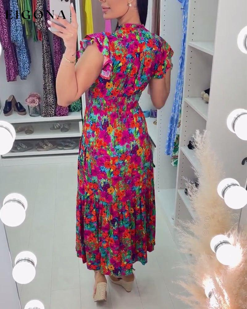 Colorful floral print V-neck elegant dress casual dresses summer