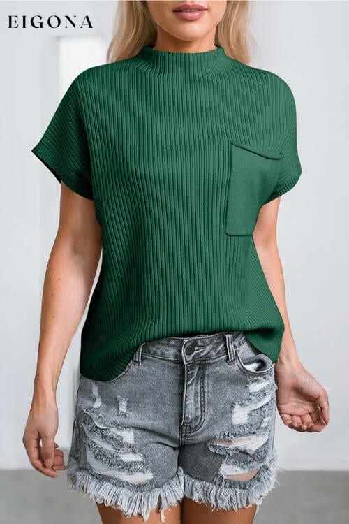 Ribbed Mock Neck Short Sleeve Knit Top Green clothes Ship From Overseas SYNZ