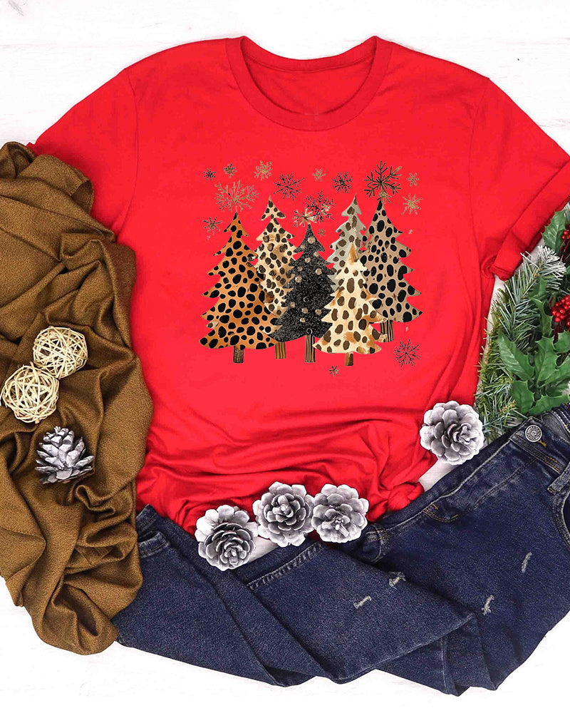 Leopard christmas tree print round neck short sleeve t-shirt 2024 f/w christmas spring summer t-shirts