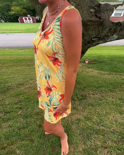 Ärmelloses, gerades Kleid mit V-Ausschnitt und Blumenmuster