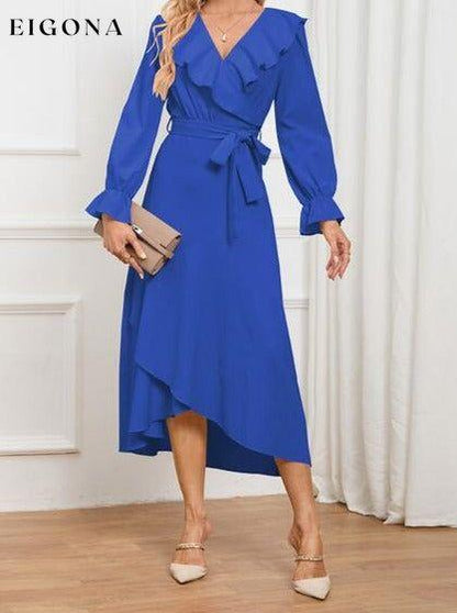 Surplice Tie Front Flounce Sleeve Dress Navy clothes H.Y.G@E Ship From Overseas