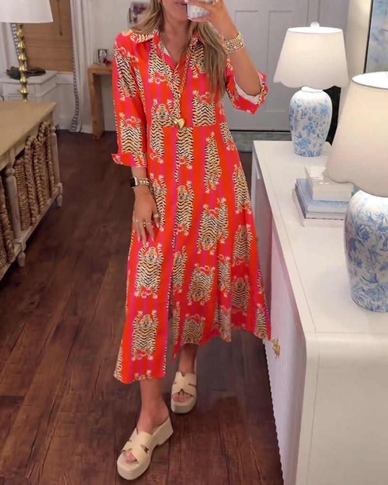 Long Sleeve Lapel Printed Maxi Dress