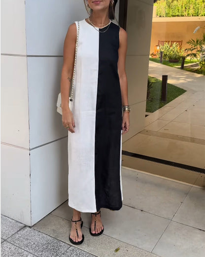 Ärmelloses Colorblock-Kleid aus Baumwolle und Leinen