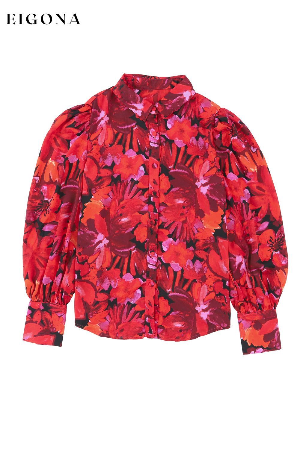 Red Floral Print Lantern Sleeve Shirt All In Stock clothes clothing long sleeve shirts long sleeve top Occasion Daily Print Floral Season Spring shirt shirts Style Elegant top tops