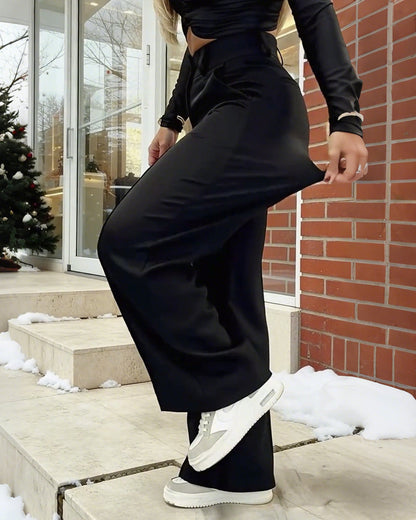 Casual Solid Color High-Waisted Straight Leg Pants