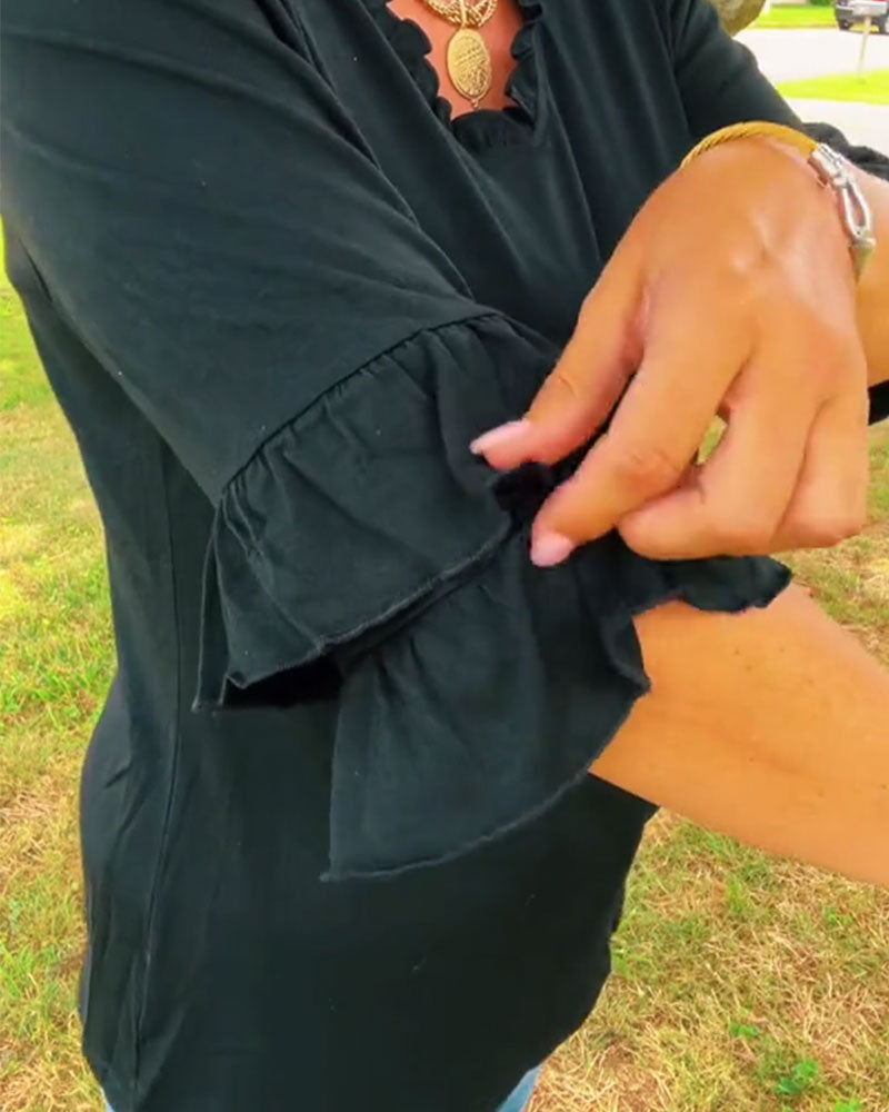 Ruffle V-Neck Three-Quarter Sleeve Top