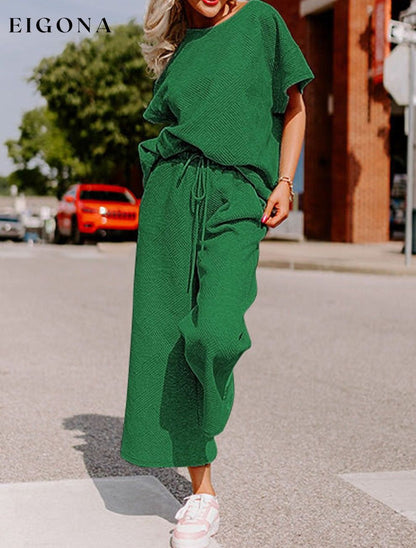 Dark Green Textured Loose Fit T Shirt and Drawstring Pants Set 2 pieces Best Sellers clothes EDM Homewear EDM Monthly Recomend Fabric Ribbed lounge wear Occasion Home pants set Print Solid Color Season Summer sets Silhouette Wide Leg Style Casual