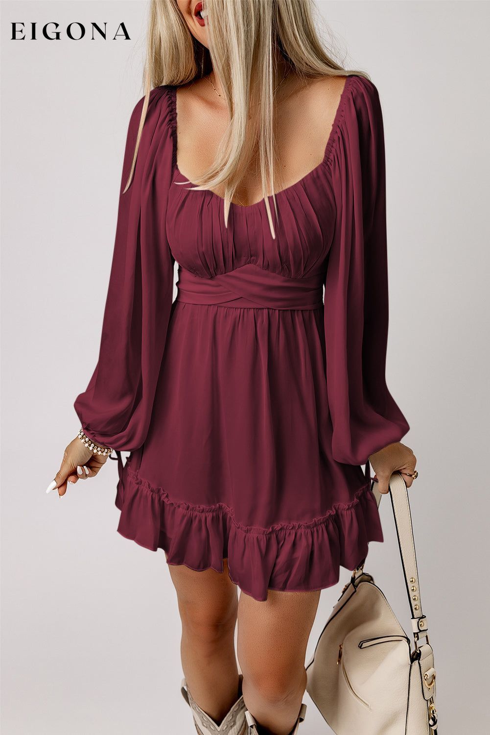 Fiery Red Plain Ruffled High Waist Square Neck Mini Dress casual dresses clothes dress dresses long sleeve dress long sleeve dresses long sleve dresses short dresses