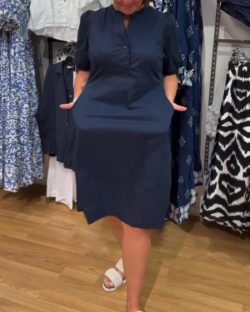 Lockeres Kleid mit Puffärmeln und einfarbiger Farbe