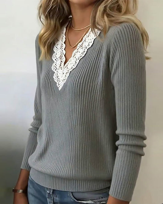 V-Neck Lace Panel Sweater
