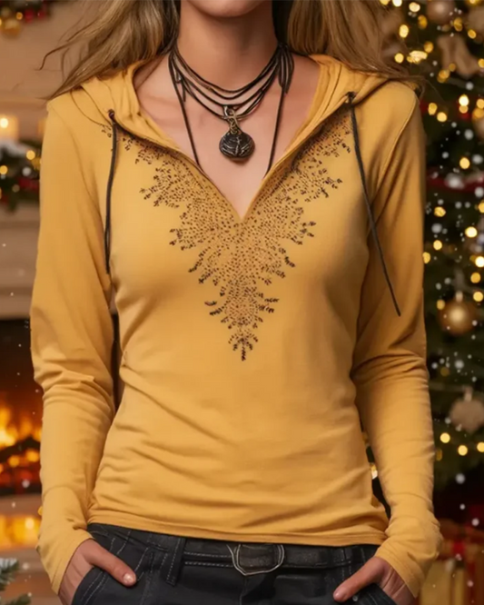 Hooded Casual Long-Sleeved Printed Top