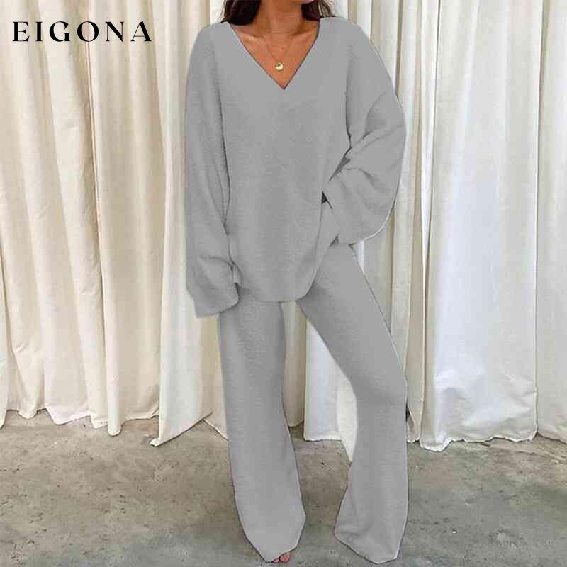 V-Neck Long Sleeve Top and Long Pants Set Light Gray clothes R.T.S.C Ship From Overseas