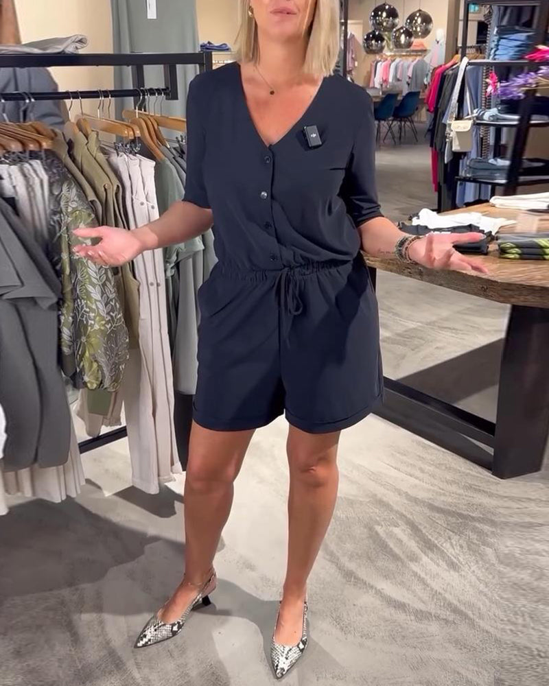 Kurzärmliger Jumpsuit mit V-Ausschnitt und Schnürung