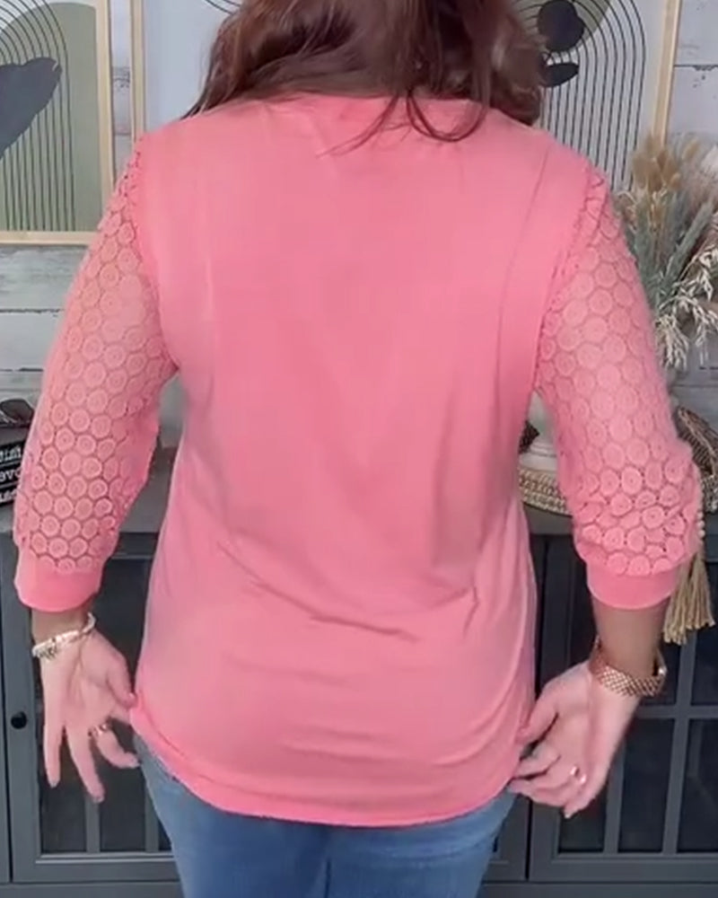 Camicetta con scollo a V e inserti in pizzo a maniche tre quarti