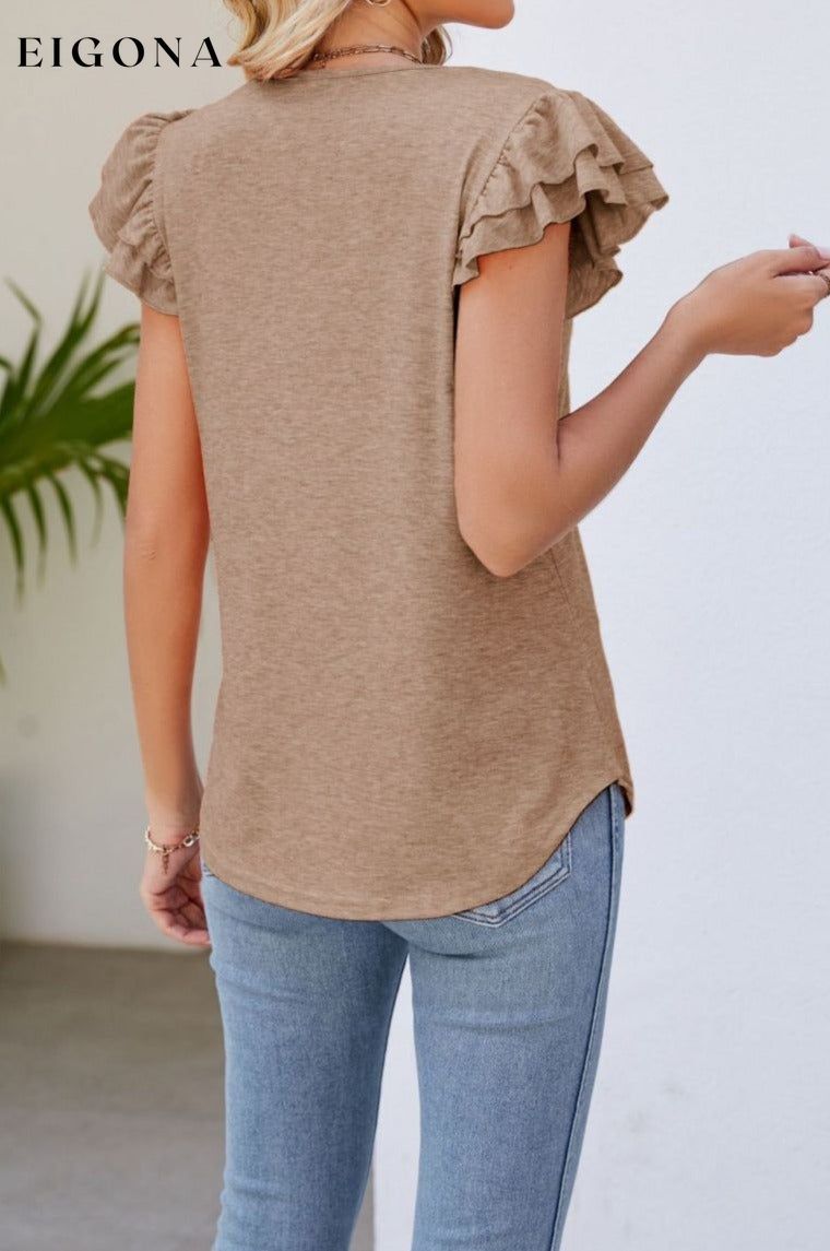 Smocked Flutter Sleeve V-Neck Top clothes Lamy Ship From Overseas Shipping Delay 09/29/2023 - 10/02/2023 shirt shirts short sleeve top tops trend