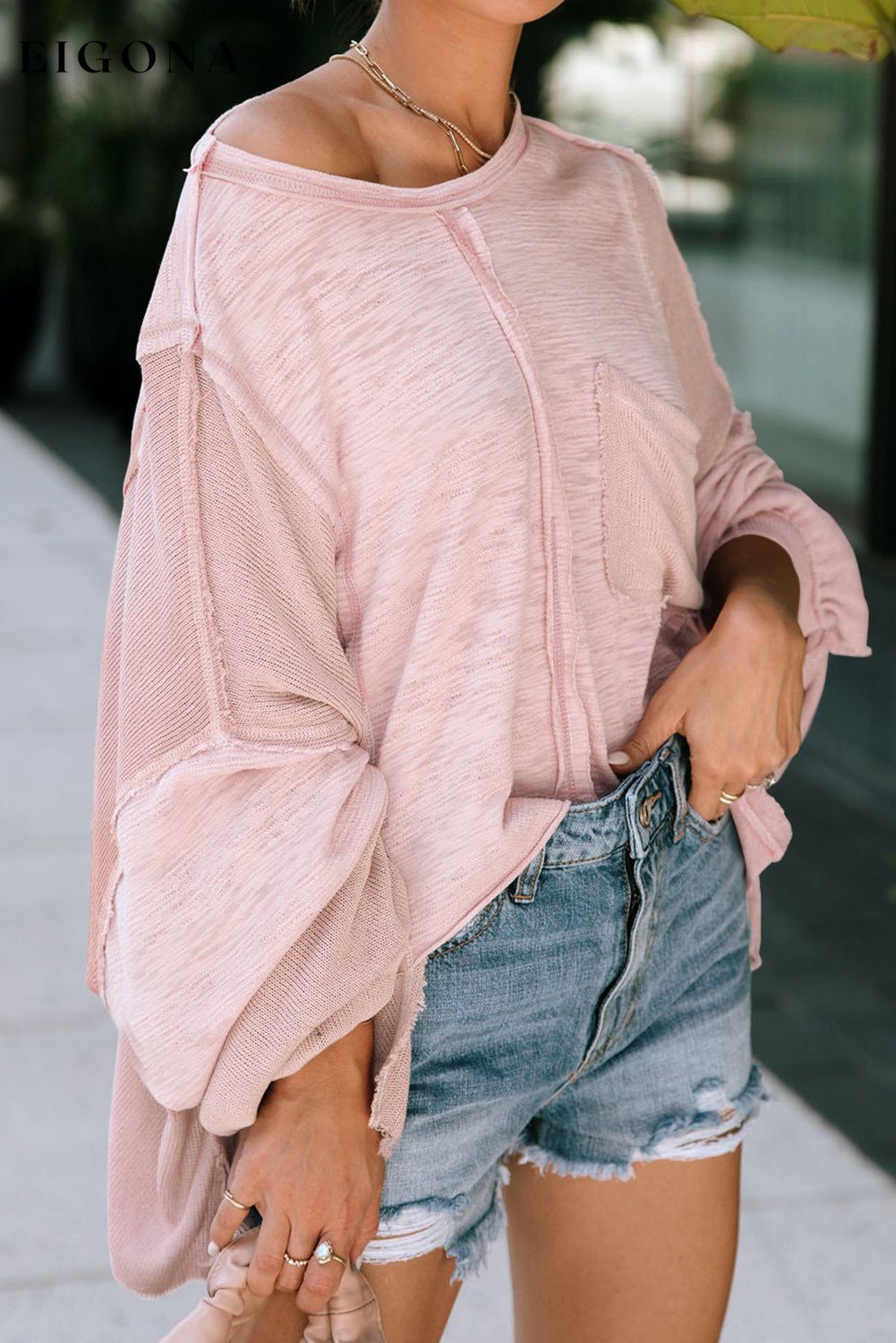 Pink Exposed Seam Chest Pocket Loose Sleeve Oversized Top clothes Color Pink Craft Patchwork Early Fall Collection EDM Monthly Recomend Fabric Ribbed long sleeve top Occasion Daily Print Solid Color Season Fall & Autumn Style Southern Belle top tops