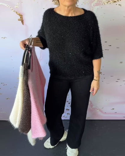 Half-Sleeved Round Neck Sequin Sweater