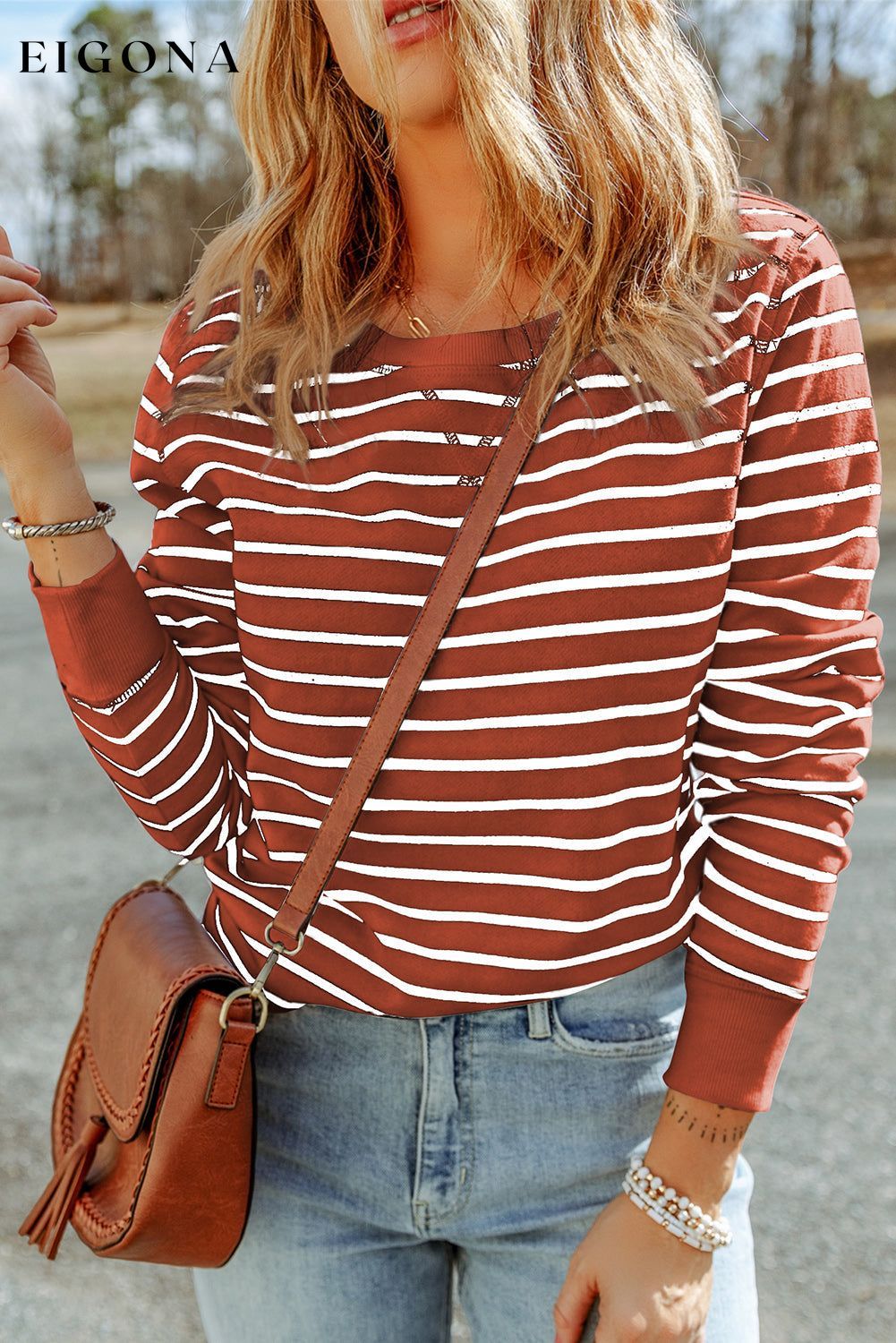 Striped Long Sleeve Round Neck Top Red Orange clothes Ship From Overseas shirt SYNZ top trend