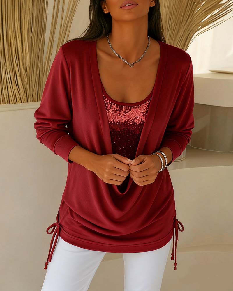 Sequin Contrast Color Faux Two-Piece Top