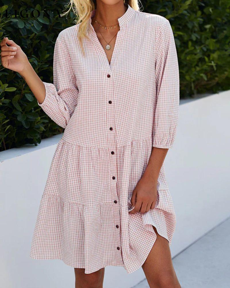 Stand Collar Plaid Print Dress Pink 23BF Casual Dresses Clothes Dress Dresses Summer