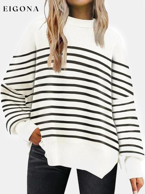 Round Neck Drop Shoulder Slit Sweater white stripes clothes R.T.S.C Ship From Overseas Sweater sweaters Sweatshirt