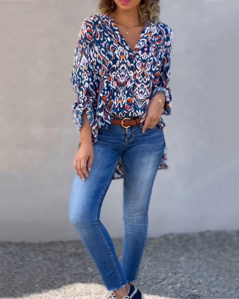 V-neck floral long-sleeved blouse 202466 23BF blouse Blouses & Shirts Fall spring