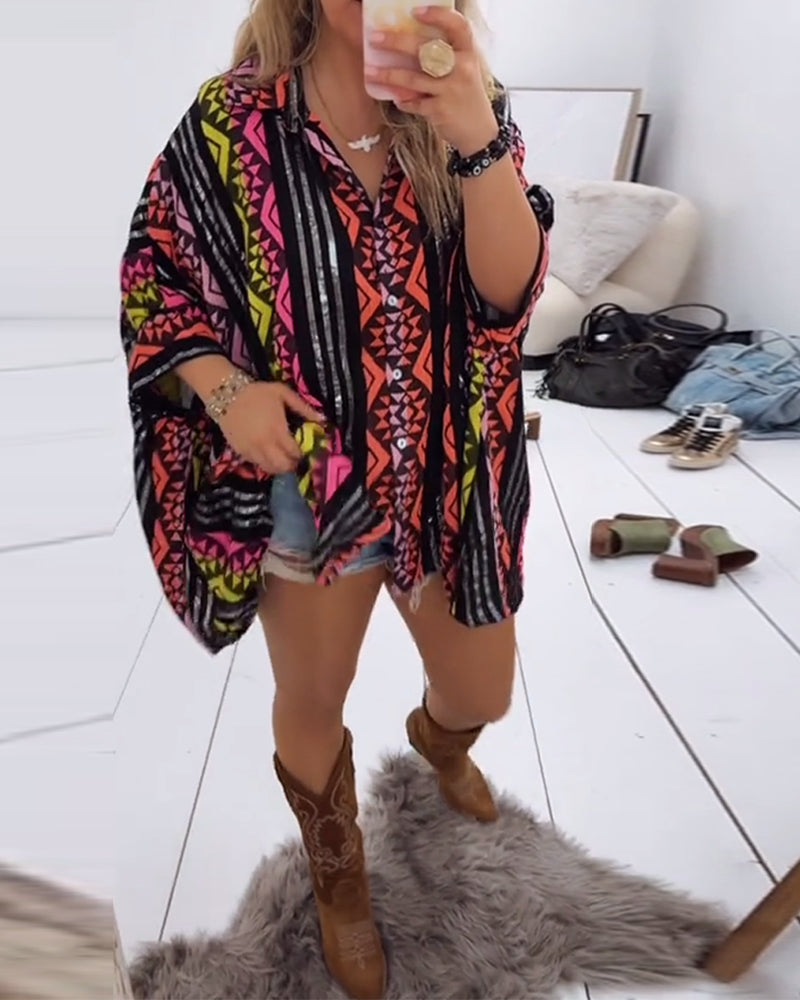 Lockere Bluse mit Revers und Print