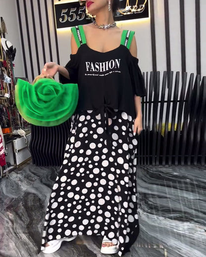 Lässiges Hosenträger-Patchworkkleid mit Punkten
