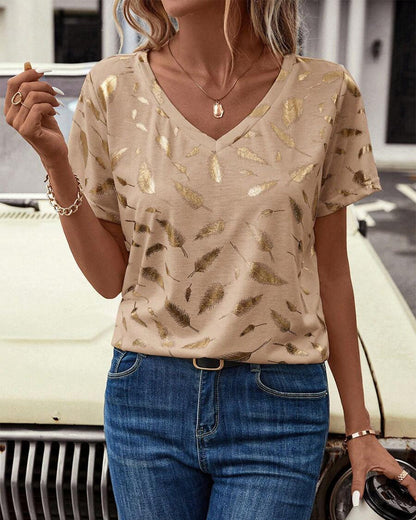 Lässiges T-Shirt mit V-Ausschnitt und Blattdruck