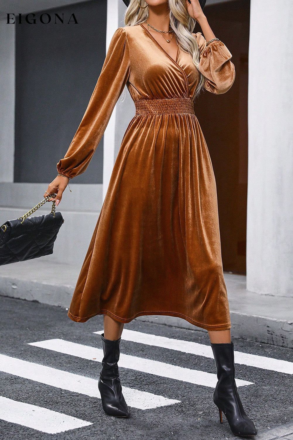 Camel Wrap V Neck Smocked High Waist Long Sleeve Velvet Midi Dress Best Sellers casual dresses clothes dress dresses Fabric Velvet long sleeve dress long sleeve dresses midi dress midi dresses Occasion Daily Print Solid Color Season Winter short dresses Silhouette A-Line Style Elegant