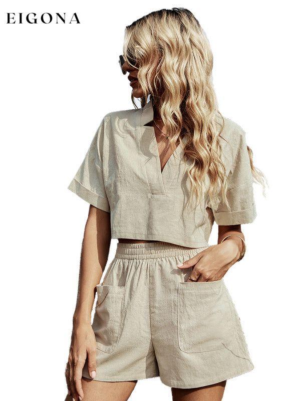 Women's V -neck casual loose short sleeve bag shorts two -piece suit two -piece suit Khaki clothes