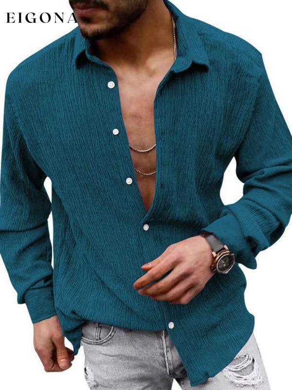 New Men's Solid Color Casual Lapel Long Sleeve Shirt Blue button down shirts clothes mens mens shirts