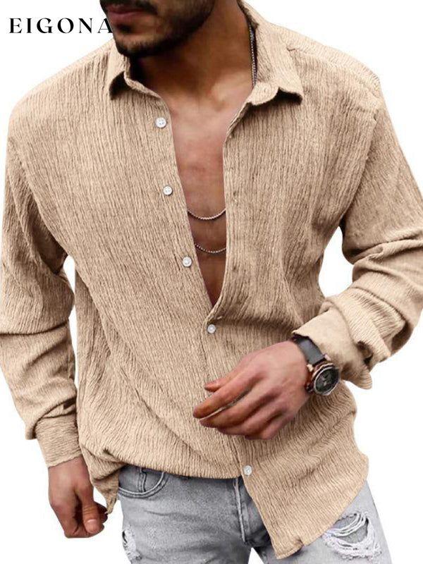 New Men's Solid Color Casual Lapel Long Sleeve Shirt Khaki button down shirts clothes mens mens shirts