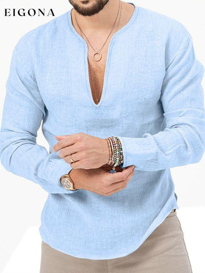 New Men's Long Sleeve T-Shirt Slim Fit Solid Color Large Size Deep V Neck Shirt Sky blue azure button down shirt clothes mens mens shirts