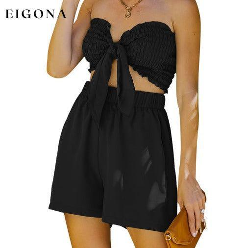 Women's Sexy Wrap Top Shorts Two Piece Set Black clothes sets