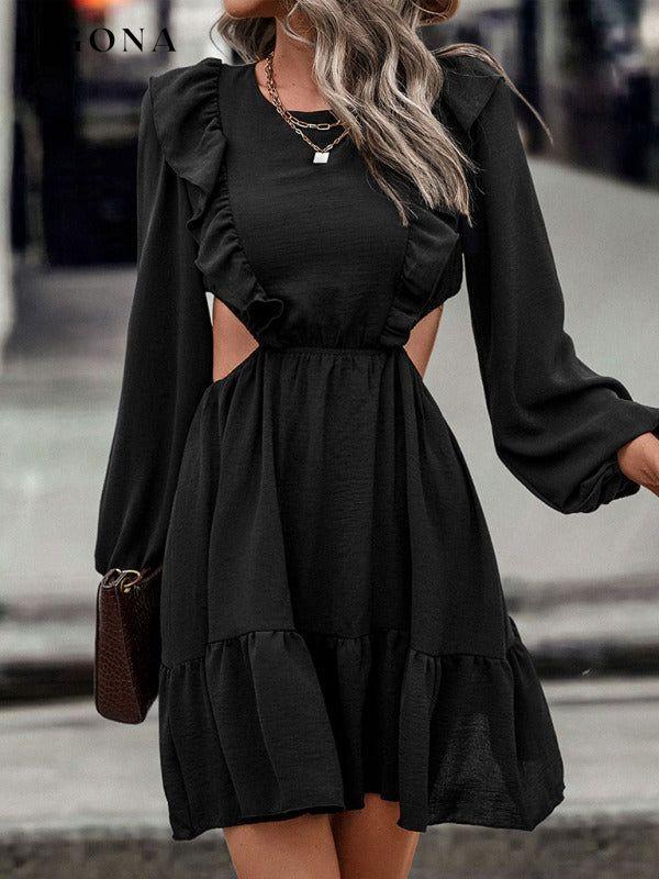 Women’s Adorable Ruffle Side Cutout black Dress casual dress casual dresses clothes long sleeve dress long sleeve dresses short dress short dresses