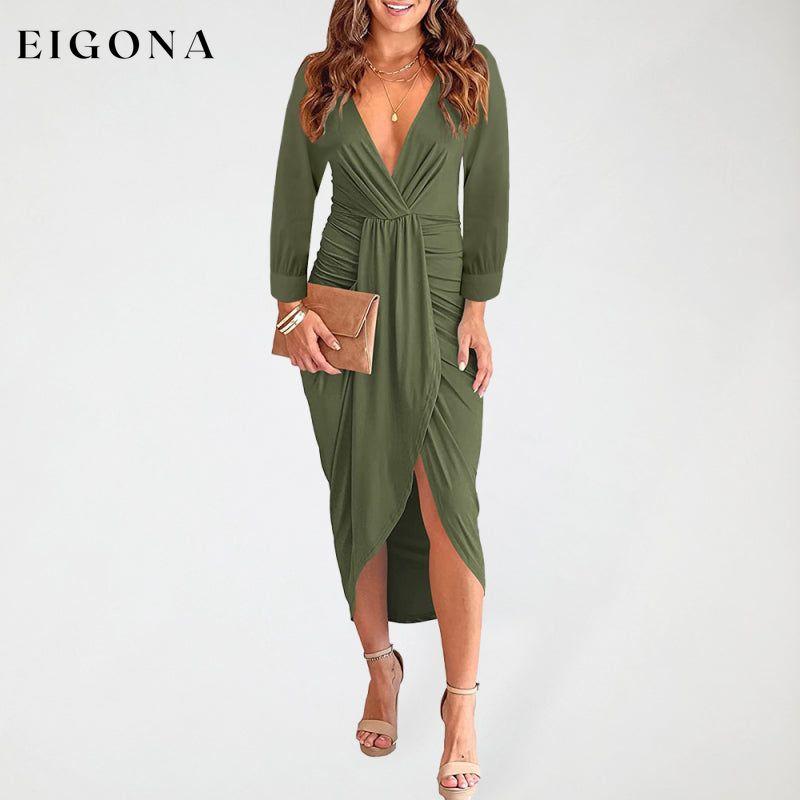 Women's Solid Color Pleated Long Sleeve Faux Wrap Midi Dress Olive green casual dress clothes dress dresses formal dress formal dresses long sleeve dress long sleeve dresses midi dress