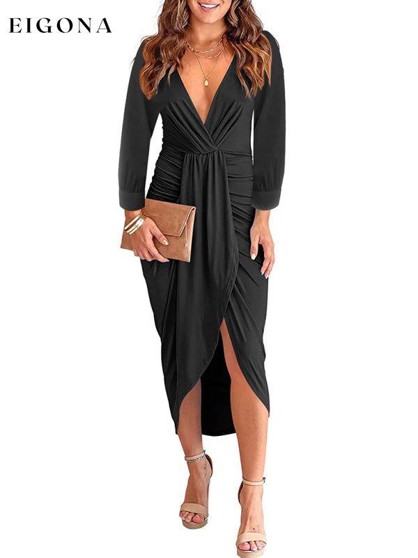 Women's Solid Color Pleated Long Sleeve Faux Wrap Midi Dress Black casual dress clothes dress dresses formal dress formal dresses long sleeve dress long sleeve dresses midi dress