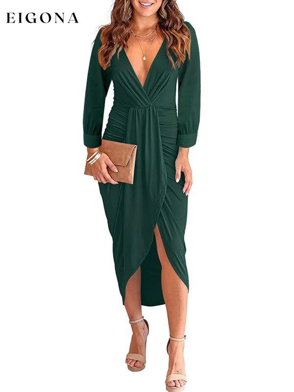 Women's Solid Color Pleated Long Sleeve Faux Wrap Midi Dress Green casual dress clothes dress dresses formal dress formal dresses long sleeve dress long sleeve dresses midi dress