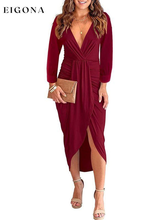 Women's Solid Color Pleated Long Sleeve Faux Wrap Midi Dress Wine Red casual dress clothes dress dresses formal dress formal dresses long sleeve dress long sleeve dresses midi dress