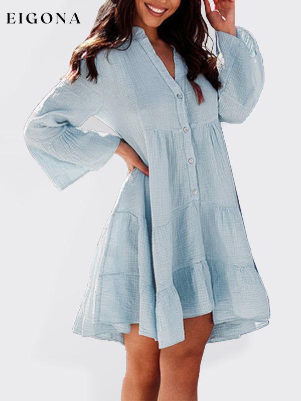 Women's Solid color bell sleeve long sleeve dress Blue Clothes